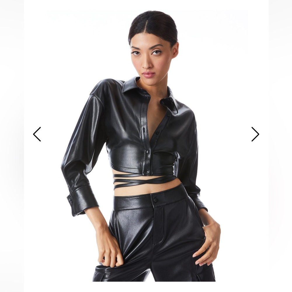 Alice + Olivia. Flossie Vegan Leather Cropped Button Down